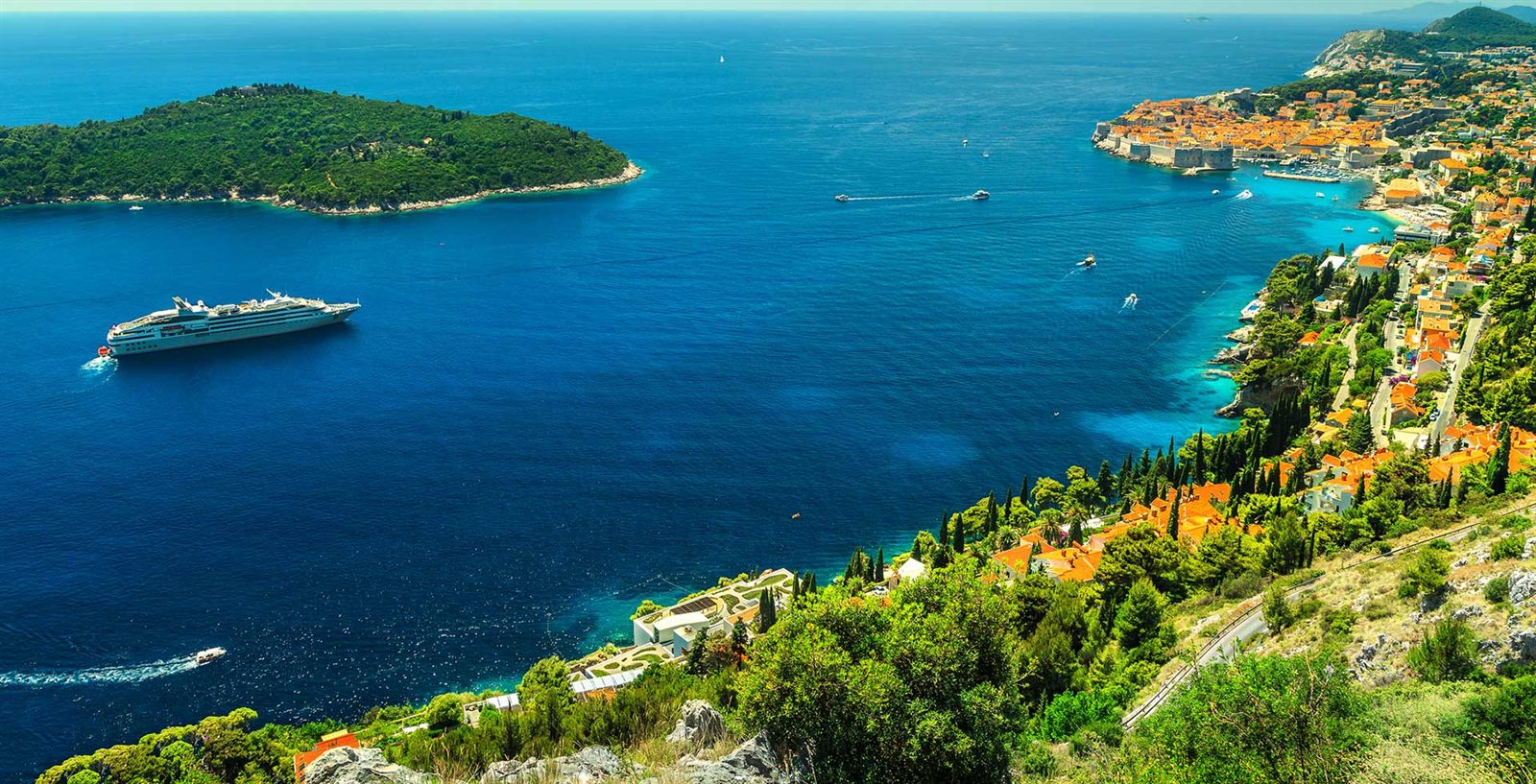 Small cruise ship off the Adriatic coast near Dubrovnik